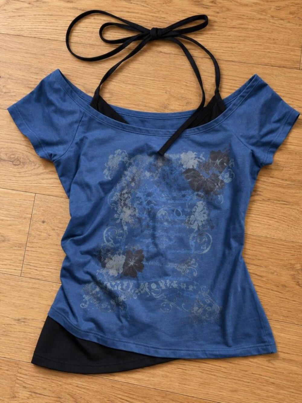 Blue y2k graphic baby tee with layered black halter - fairy grunge top